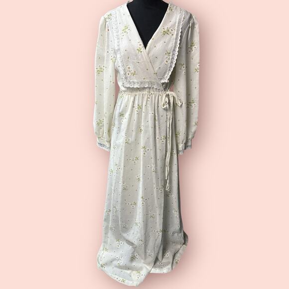 Vtg 70’s Prairie Wrap Dress Women Large Daisy Maxi Cottagecore Lace Long Sleeve - Picture 1 of 7